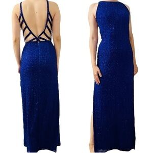 Vintage Prom Dress Formal Long Silk Beaded Open Back Blue Leg Slit Event Small